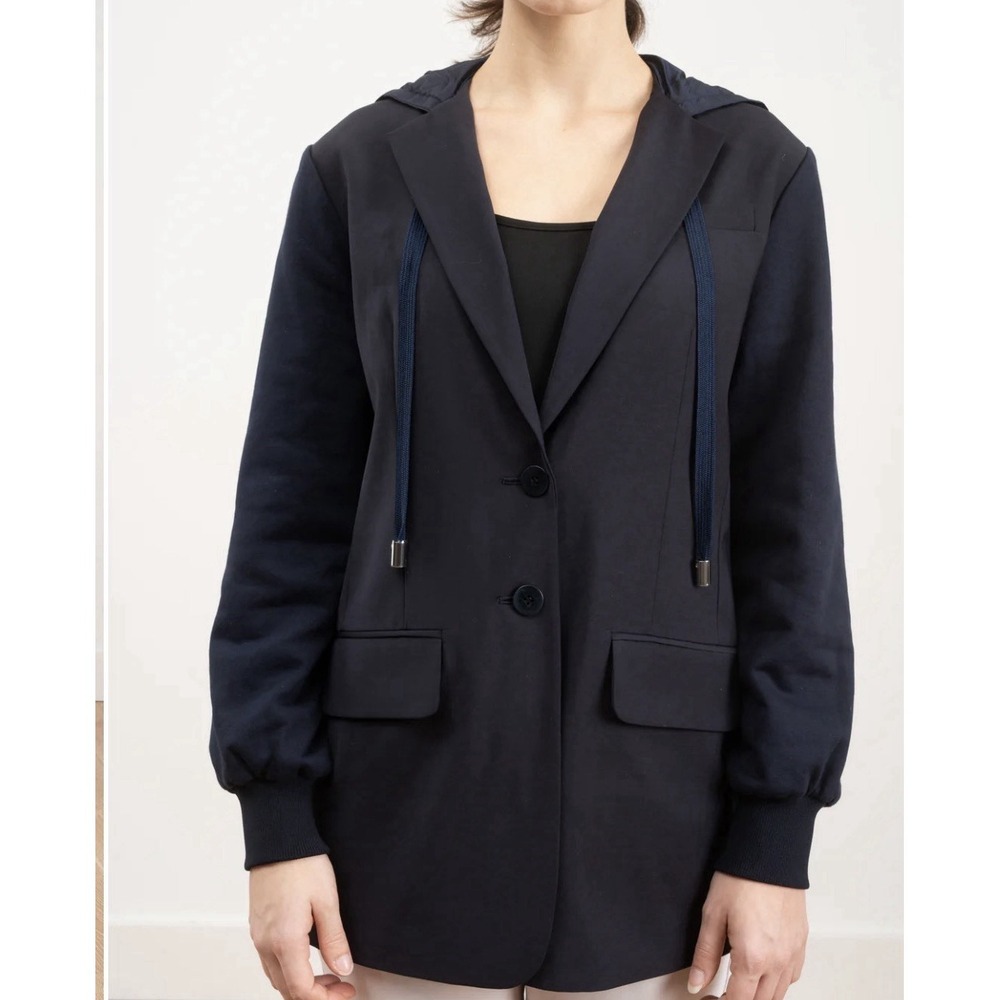 Tibi Reversible Plainweave Hoodie Fitted Blazer Jacket Sz 4 Midnight Navy